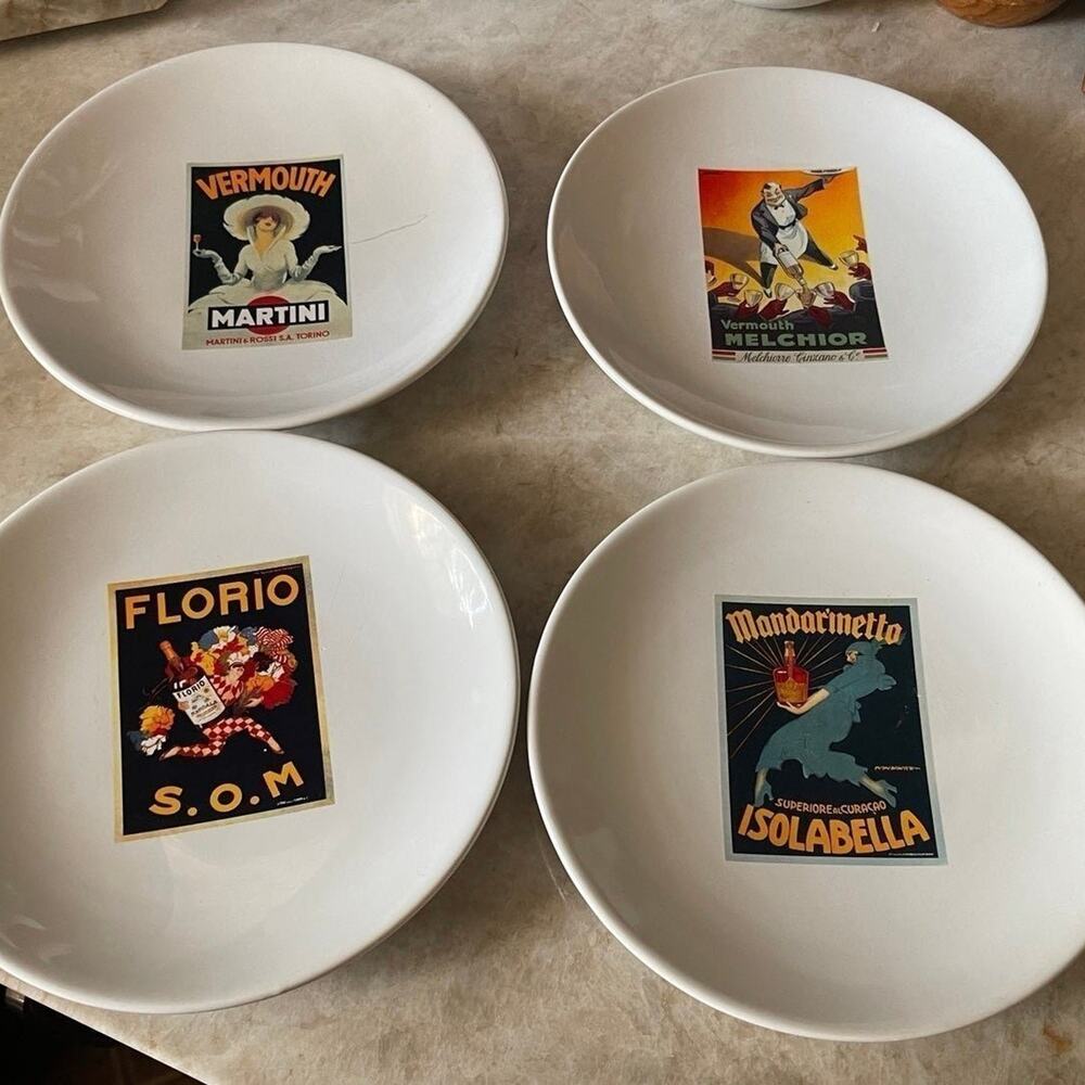 Pottery Barn vintage poster 8" italian Plates Set of 4